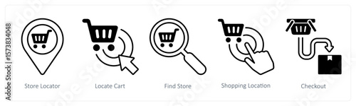 A set of 5 mix icons as store locator, locate cart, find store