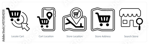 A set of 5 mix icons as locate cart, cart location, store location