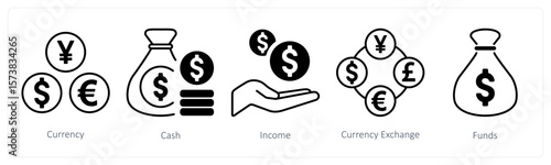 A set of 5 mix icons as currency, cash, income