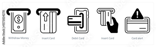 A set of 5 mix icons as withdraw money, insert card, debit card