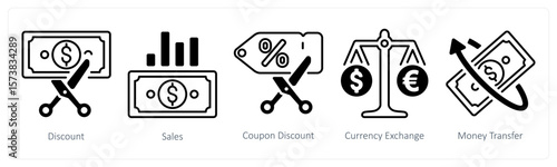 A set of 5 mix icons as discount, sales, coupon code