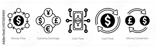 A set of 5 mix icons as money flow, currency exchange, cash flow