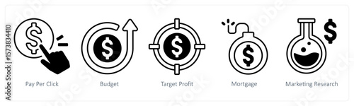 A set of 5 mix icons as pay per click, budget, target profit