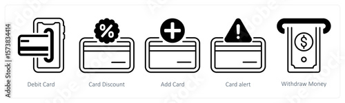 A set of 5 mix icons as debit card, card discount, add card