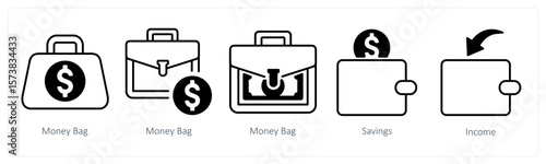 A set of 5 mix icons as money bag, savings, income