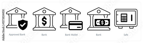 A set of 5 mix icons as approved bank, bank, bank wallet