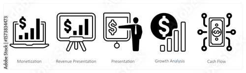 A set of 5 mix icons as monetization, revenue presentation, presentation