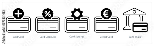 A set of 5 mix icons as add card, card discount, card settings