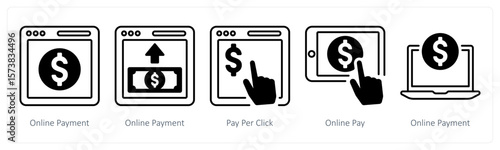 A set of 5 mix icons as online payment, pay per click, online pay