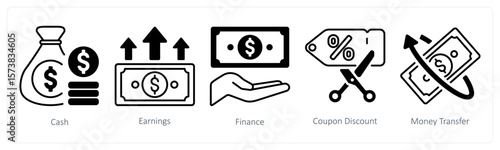 A set of 5 mix icons as cash, earnings, finance