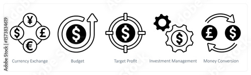 A set of 5 mix icons as currency exchange, budget, target profit