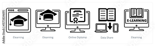A set of 5 mix icons as elearning, online diploma, data share