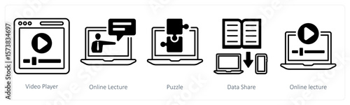 A set of 5 mix icons as video player, online lecture, puzzle