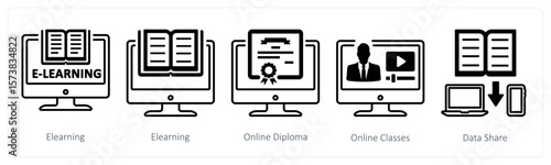 A set of 5 mix icons as elearning, online diploma, online classes