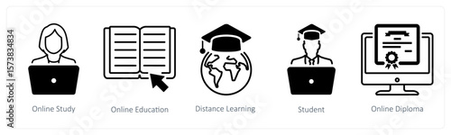 A set of 5 mix icons as online study, online education, distance learning