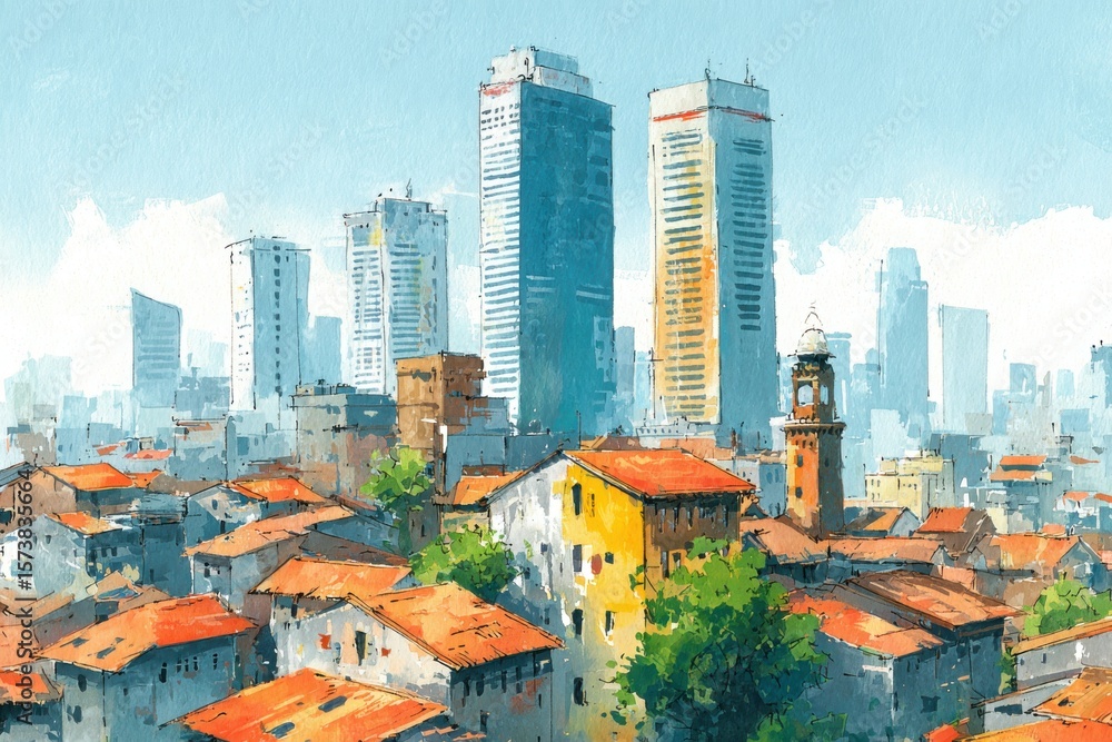 Naklejka premium A vibrant cityscape painting featuring red-roofed houses in the foreground and modern skyscrapers in the background under a clear blue sky.