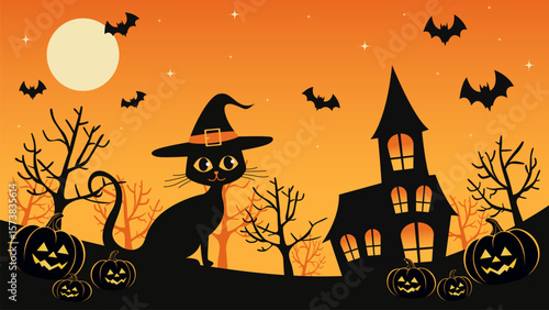 Halloween cat in a hat, pumpkins, bats, trees and a creepy castle on the background of an orange sky and moon. Festive flyer, poster or banner. Vector illustration for Halloween.