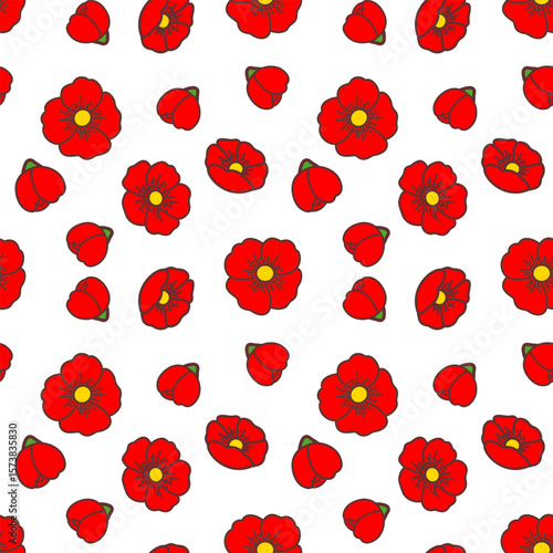 Cute Poppy Flower Seamless Pattern on White Background