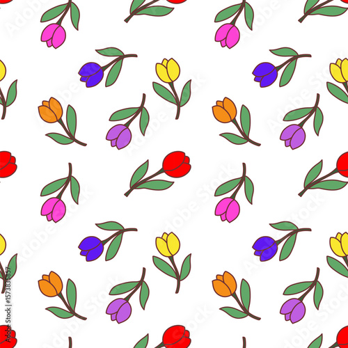 Cute Tulip Flower Seamless Pattern on White Background