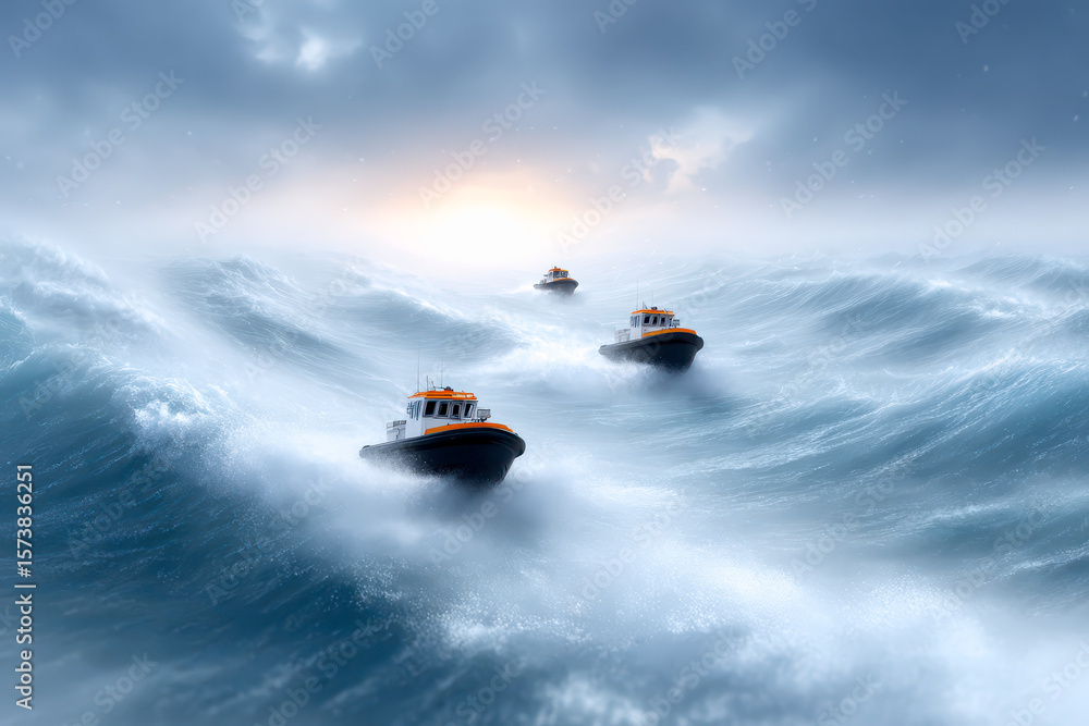 Fototapeta premium Three orange and black boats navigate rough, stormy ocean waves under a cloudy sky with a faint glow on the horizon.