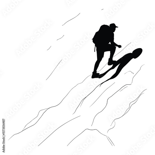 Lone hiker with backpack climbs steep mountain terrain silhouette