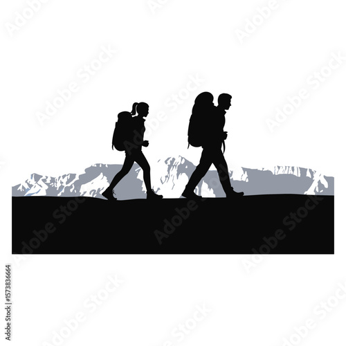 Couple hiking together with backpacks in mountain landscape silhouette