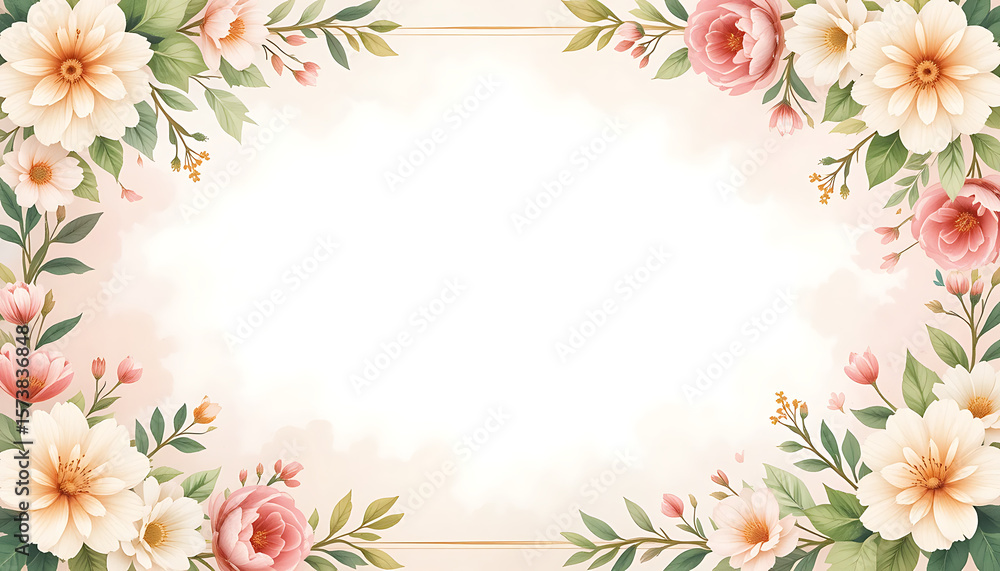 Elegant floral background with pink and white blooms framing a soft beige center for text or design elements Elegant floral background with pink and white blooms framing a soft beige center for text or design elements