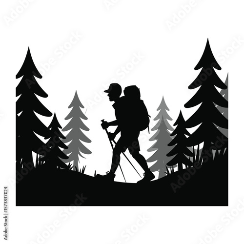 Man hiking with backpack and poles through forest silhouette
