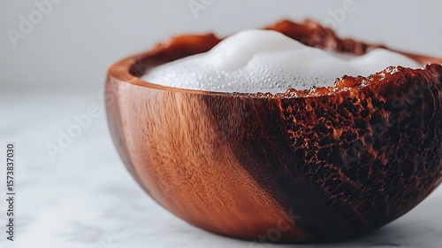 Wooden bowl filled with sudsy bubbles.