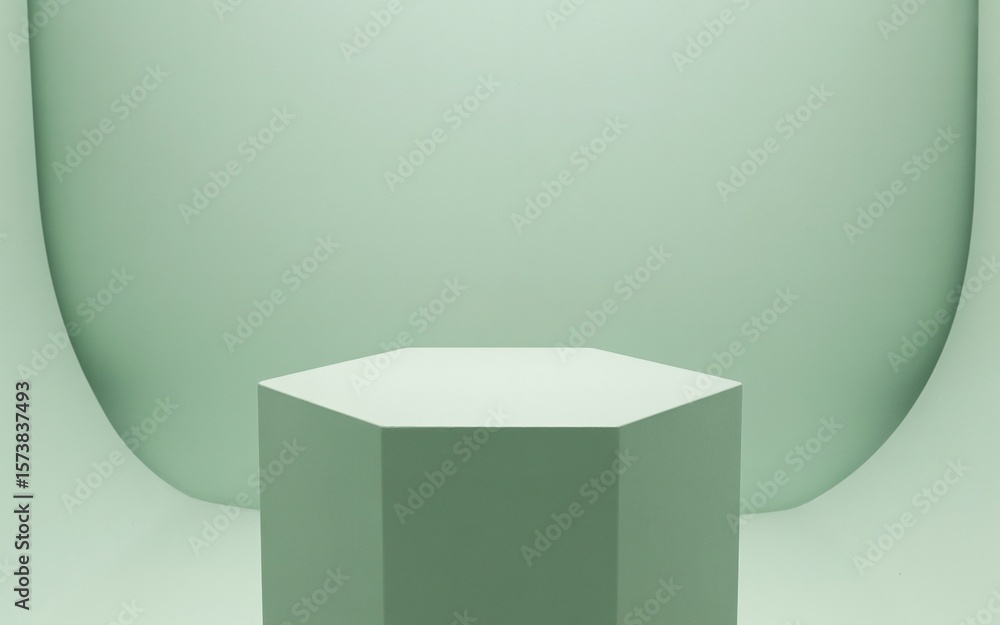 Fototapeta premium Minimalist Hexagonal Pedestal with Soft Green Backdrop and Curved Lines