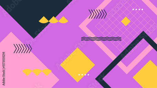 Abstract geometric design in purple, pink, and yellow shapes. Perfect for backgrounds, prints, and digital art projects requiring modern flair.