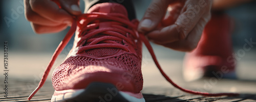 Lacing up red running shoes before morning jog in urban park setting