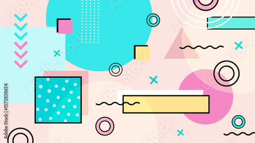 Pastel 80sstyle geometric abstract design suitable for web banner, postcard, and packaging design projects with a retro feel.