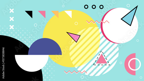 80sstyle geometric abstract artwork; vibrant, bold shapes, and colors, perfect for graphic design projects, retro themed concepts, and print materials.