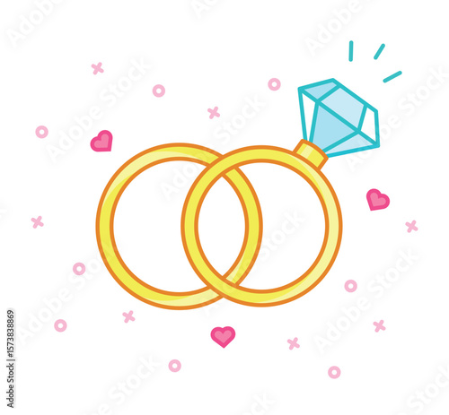 Wedding rings icon. Wedding, family, love and fidelity concept. Gold jewelry with diamond.
