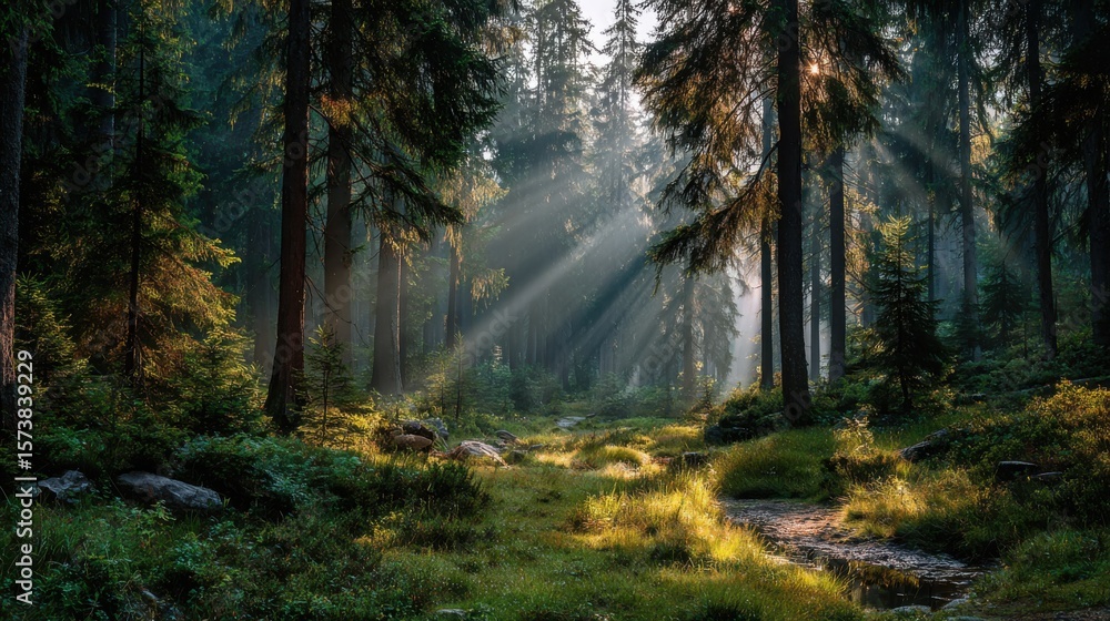 Fototapeta premium Sunlight streams through tall pine trees, illuminating a serene forest floor with lush greenery and a winding path.