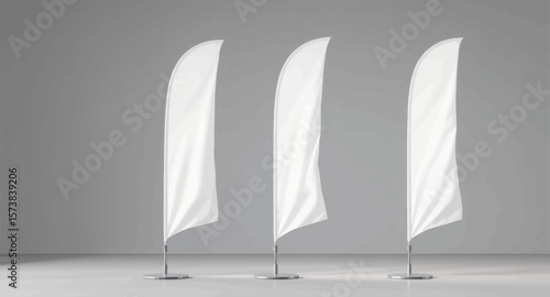 Three Tall White Flags on Display in Minimalist Setting with Gray Background