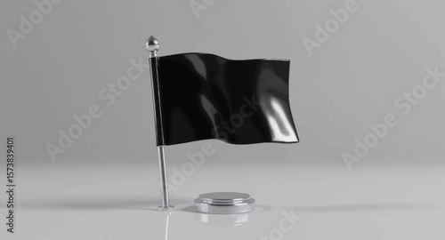 Waving Black Flag on a Polished Base Against a Soft Grey Background