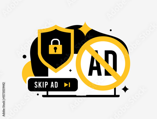 Ad blocker concept with shield, skip ad icon, padlock and forbidden sign highlights online privacy. Digital safety and tracking protection powered by smart ad blocker. Modern flat vector illustration