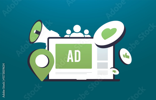 Targeted advertising on digital platform with location marker, social engagement icons, megaphone and user group highlighting audience targeting and ad campaign strategy. Vector illustration