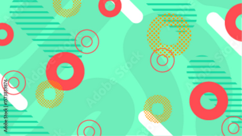 Abstract design with circles, lines, and dots on mint green background. Suitable for digital backgrounds, web graphics, or modern art concepts.