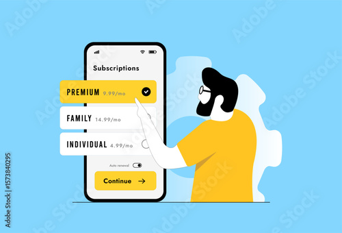 Subscription management UI with premium plan selected on mobile screen, showing credit card payment, pricing options and purchase button. Fintech app subscription management interface illustration