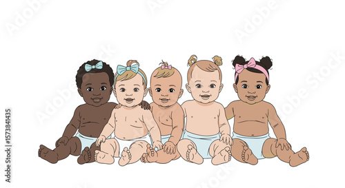 A diverse group of adorable babies sitting together in diapers looking adorable and happy
