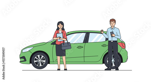 Two people standing beside a green car discussing and reviewing information about automotive transportation