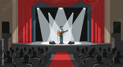 Musician performs acoustic set on a stage with spotlight illuminating the performer and audience watching