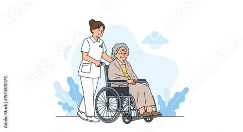 Caring nurse pushing elderly woman in wheelchair providing compassionate support and assistance