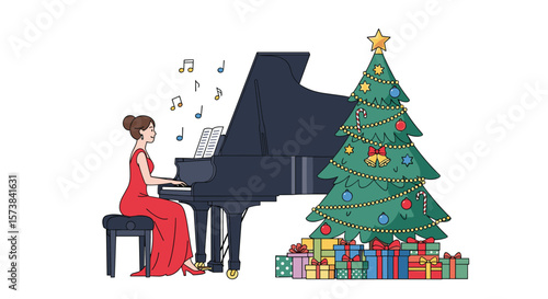 Elegant woman in red dress playing grand piano near decorated christmas tree with gifts