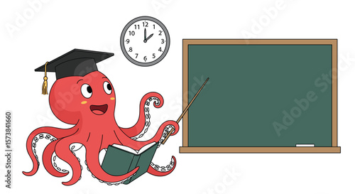 An enthusiastic octopus teacher in a graduation cap demonstrates learning and knowledge sharing in a classroom setting