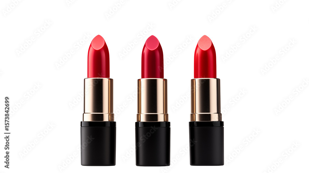 Fototapeta premium Three elegant tubes of red lipstick stand against a stark, solid black backdrop for cosmetics marketing.