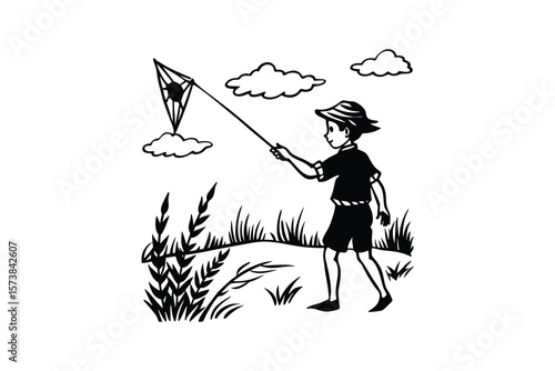 Child Playing with Kite in Field Silhouette